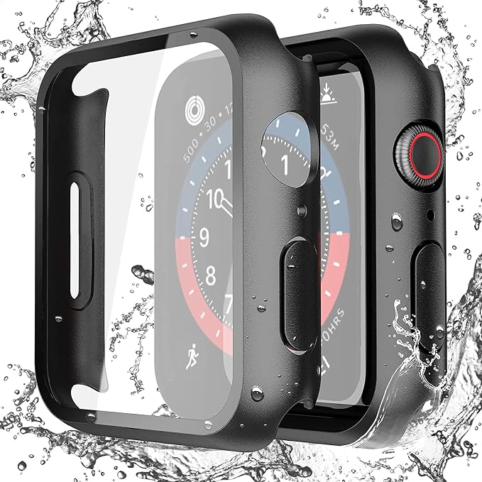 Misxi 2-Pack Waterproof Case for Apple Watch SE3/SE2/SE/Series 6/5/4 | Cover with 9H Tempered Glass Screen Protector for SE 3/SE 2/SE/Series6/5/4, Anti-Scratch
