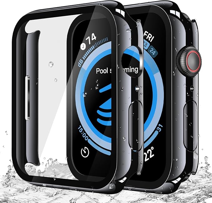 Misxi 2-Pack Waterproof Case for Apple Watch SE3/SE2/SE/Series 6/5/4 | Cover with 9H Tempered Glass Screen Protector for SE 3/SE 2/SE/Series6/5/4, Anti-Scratch