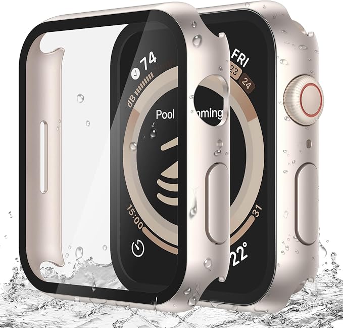 Misxi 2-Pack Waterproof Case for Apple Watch SE3/SE2/SE/Series 6/5/4 | Cover with 9H Tempered Glass Screen Protector for SE 3/SE 2/SE/Series6/5/4, Anti-Scratch